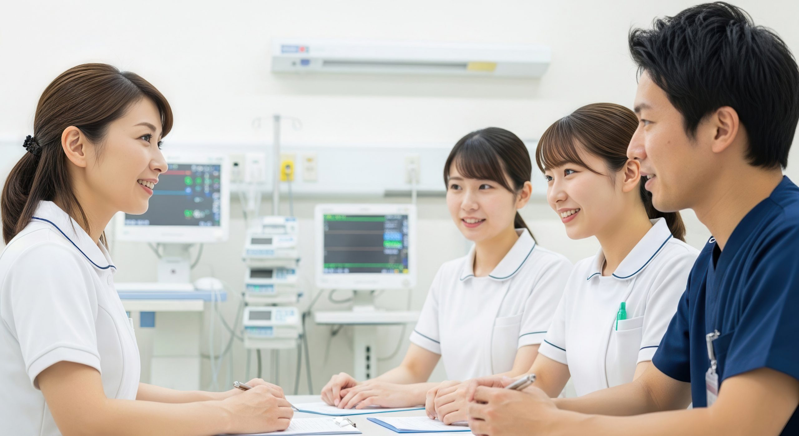 ナースステーションでカンファレンスをする看護師