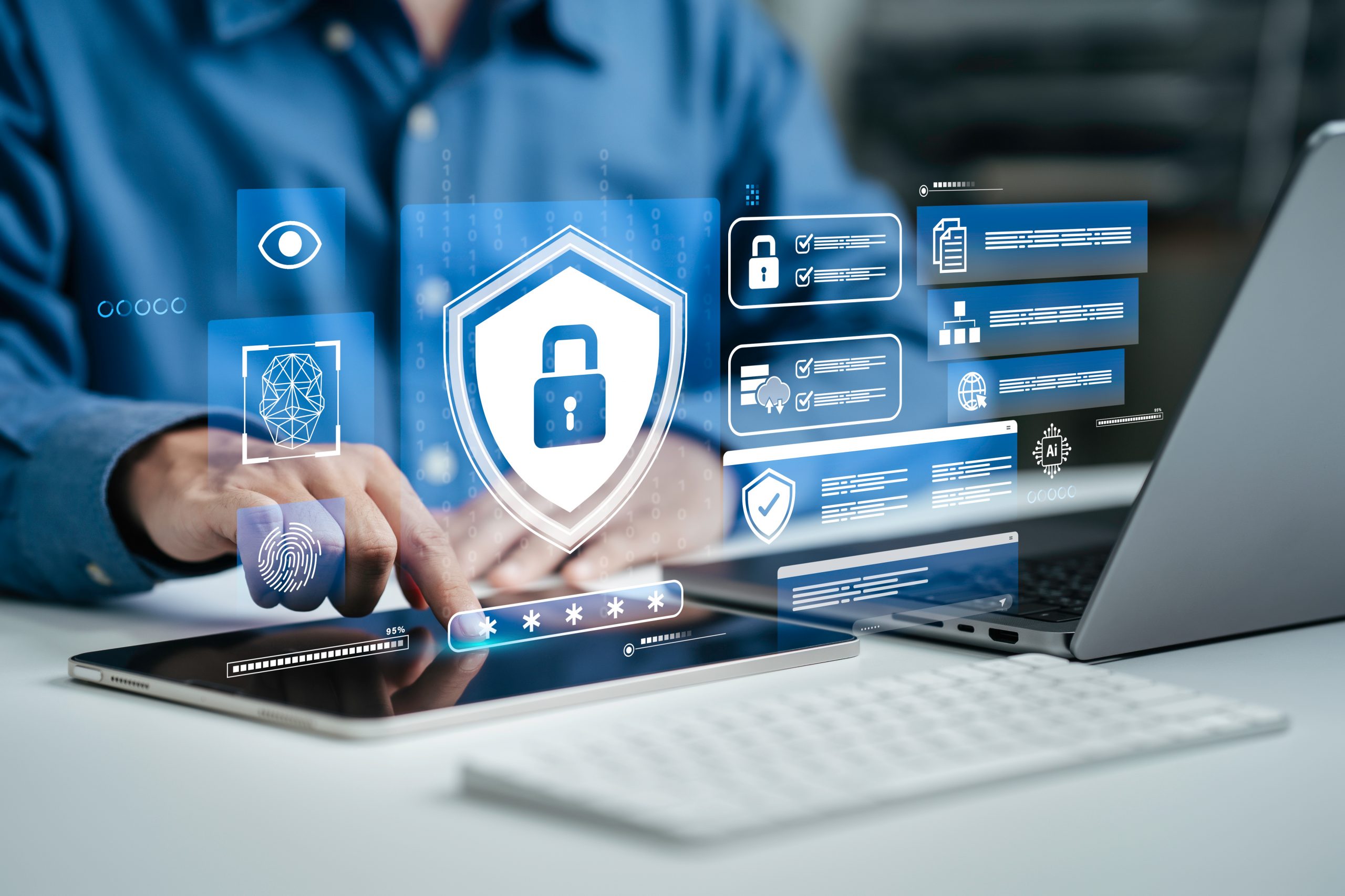 A person using a tablet and laptop with digital security icons, showing data protection, password authentication, and secure access technology for cybersecurity and network safety.